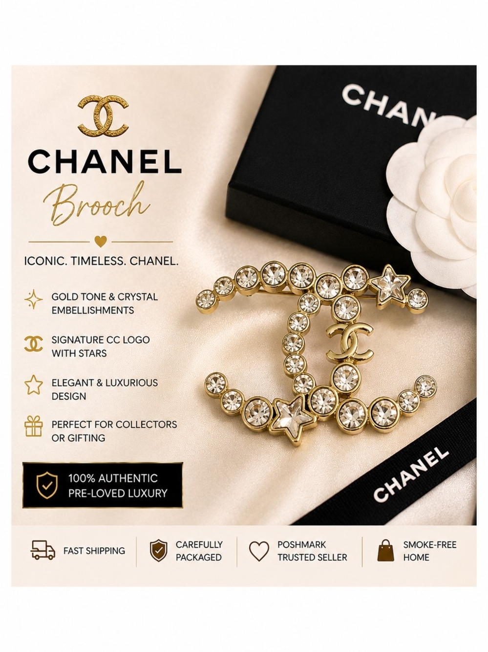 Authentic Chanel Crystal CC Star Brooch Gold Tone | Rhinestone Pin | Rare